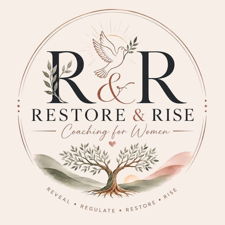 Restore and Rise Coaching for Women logo, a dove and tree of life over a sunrise
